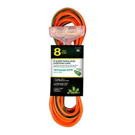 Gogreen SJTW Extension Cord, 16 AWG, Outdoor, 16/3, 3 Outlets, Orange, 8 ft GG-15008